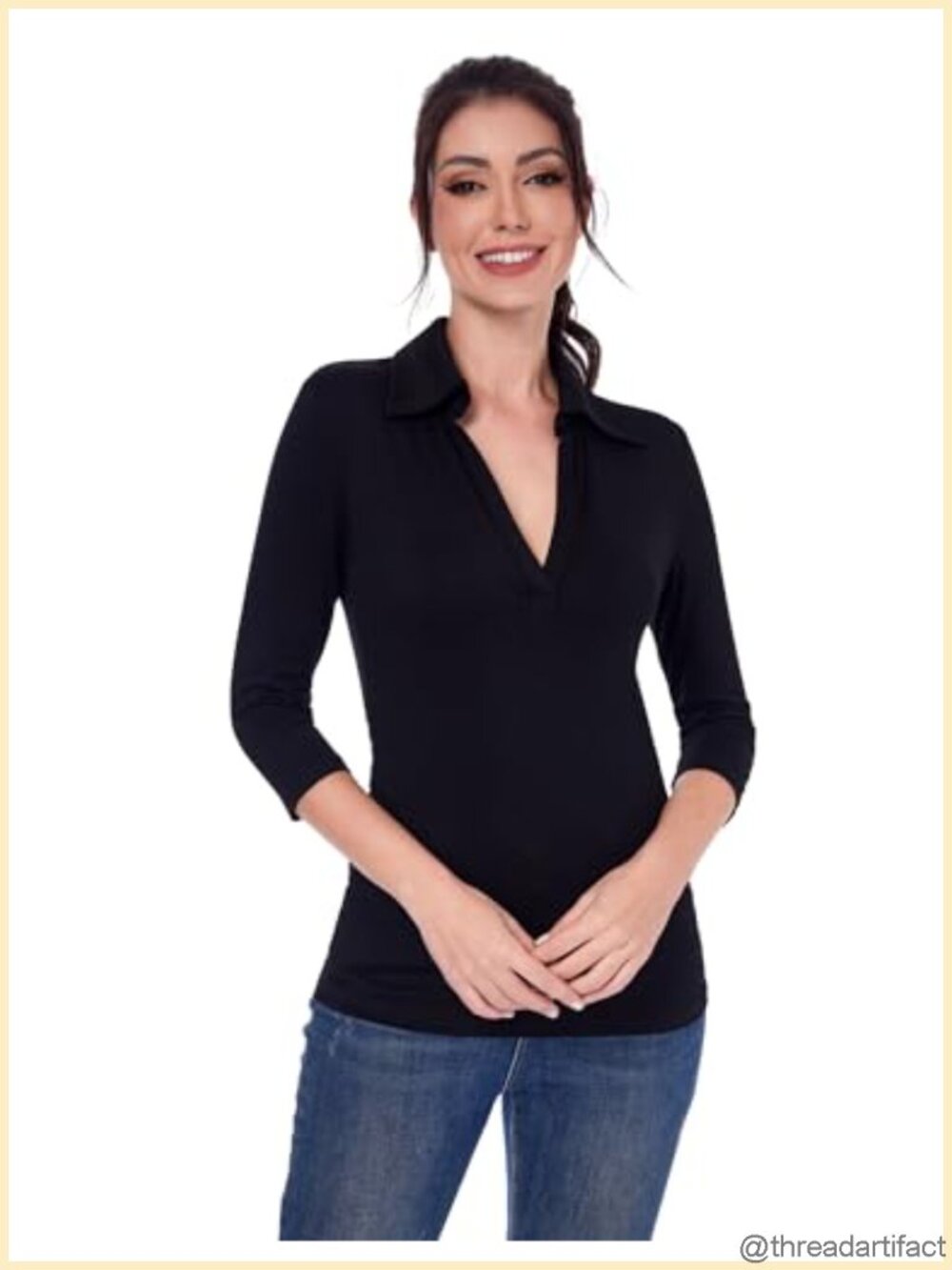 Collared V Neck 3/4 Sleeve Polo Shirt Slim Fit Office Top